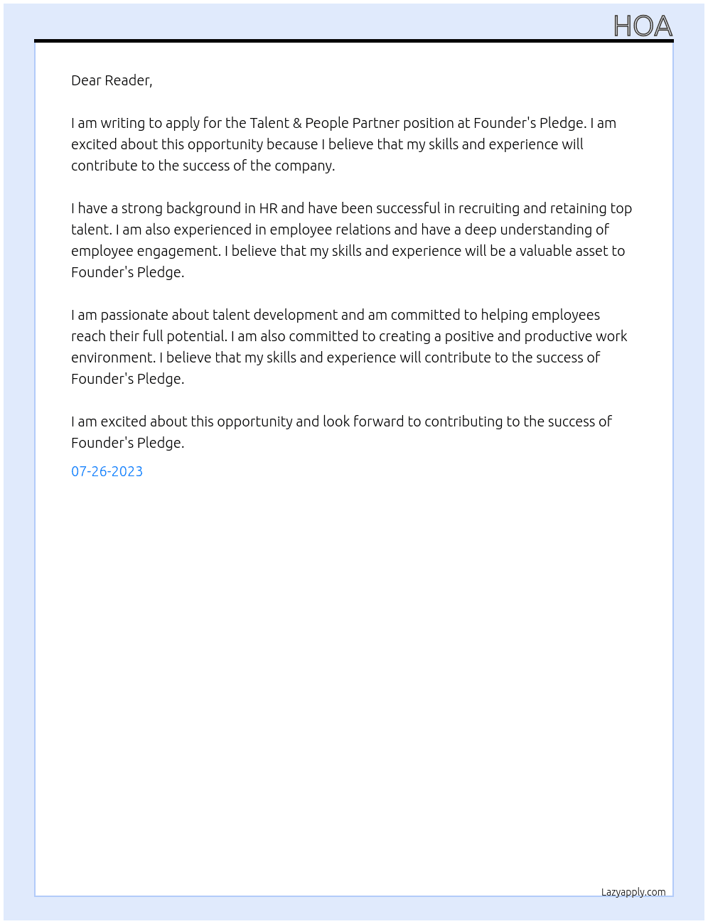 Talent & People Partner At Founder's Pledge Cover Letter