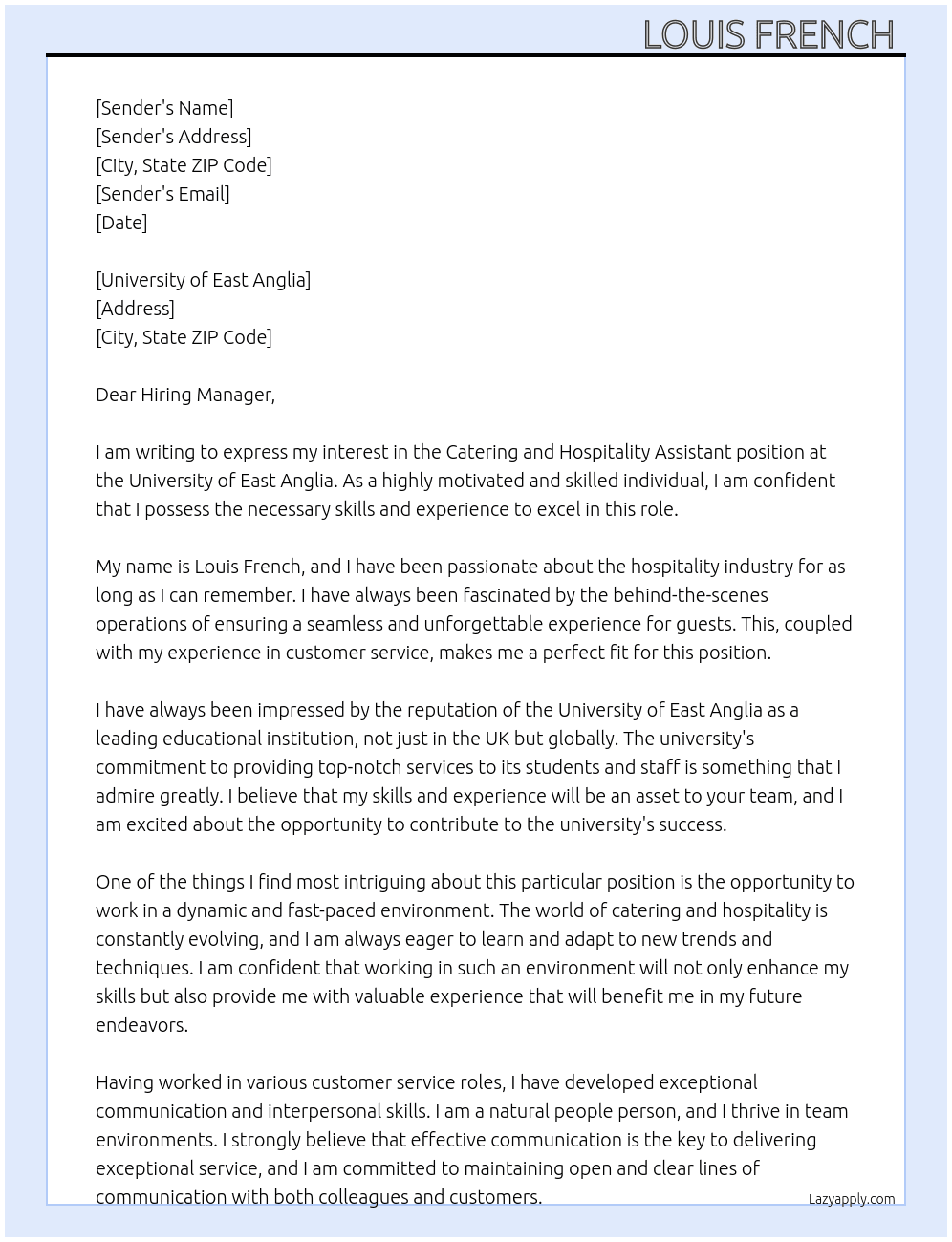 Catering and Hospitality Assistant  At University of East Anglia  Cover Letter