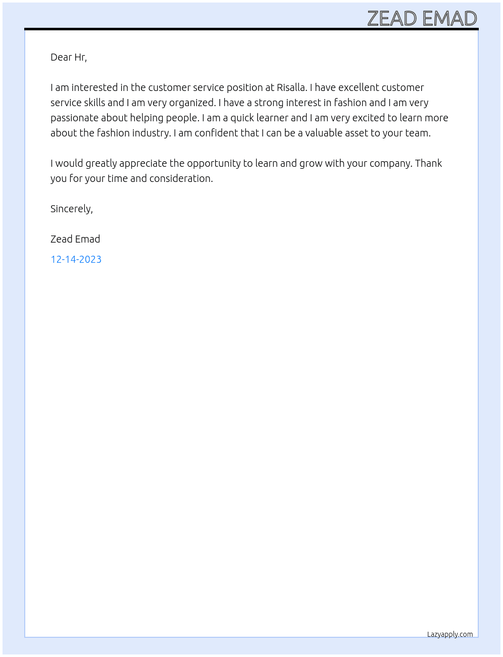 Customer Service  At Risalla Cover Letter
