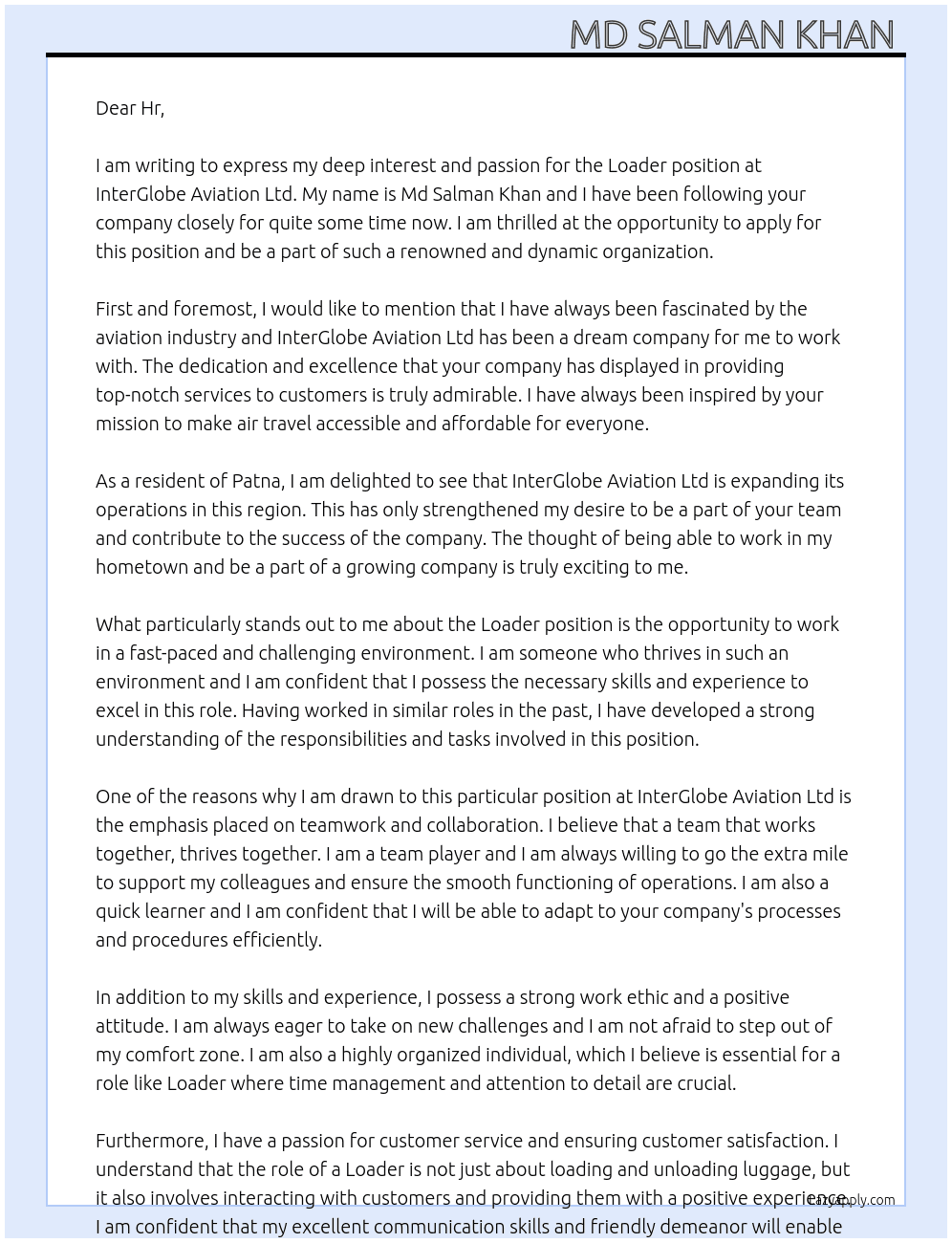 Loader  At InterGlobe Aviation Ltd Cover Letter