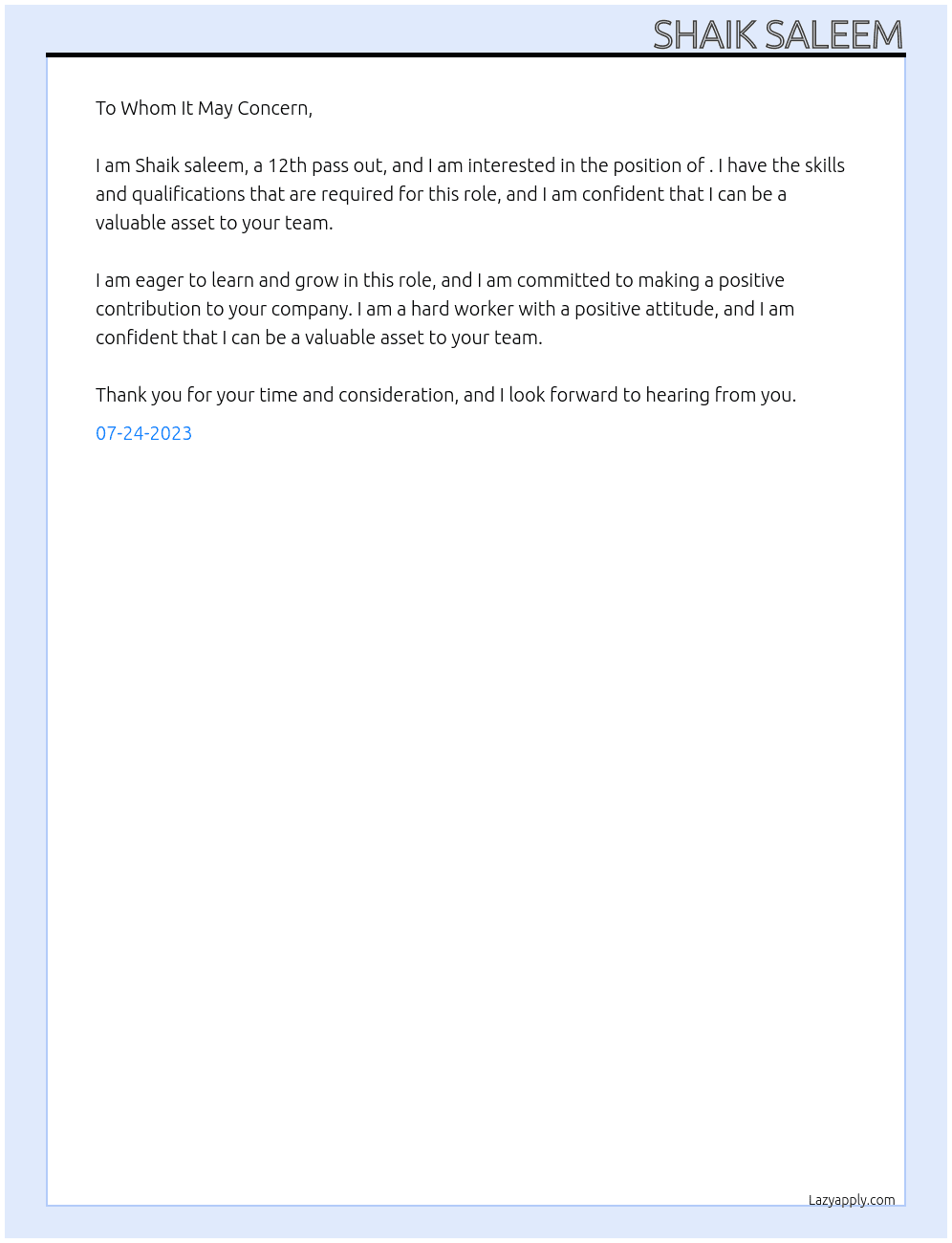 12th pass out At Study certificate Cover Letter