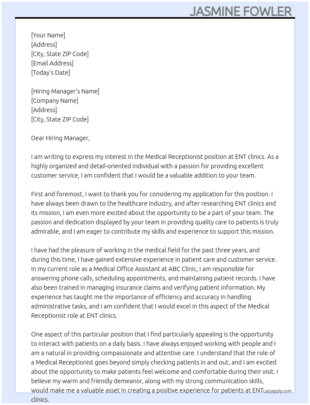 Medical Receptionist  At ENT clinics  Cover Letter