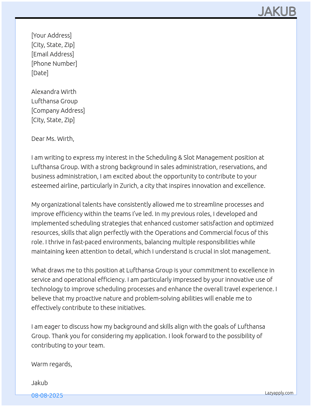 Scheduling & Slot Management At Lufthansa Group Cover Letter