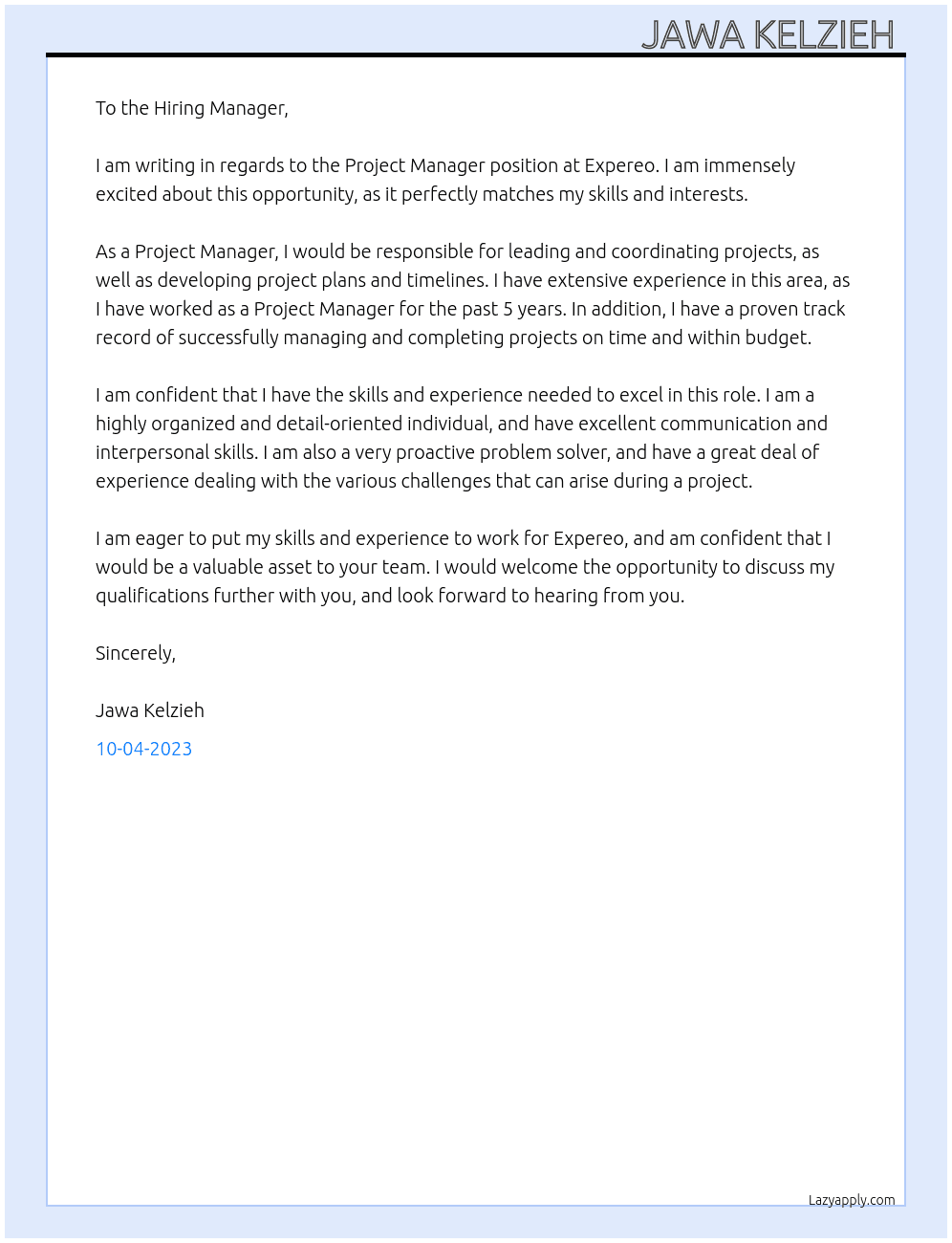 Project Manager  At Expereo Cover Letter
