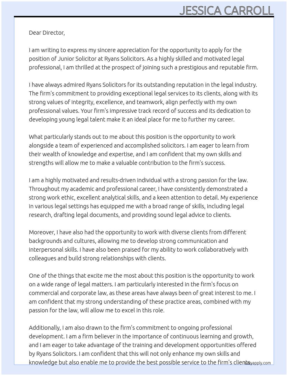 junior solicitor At Ryans Solicitors Cover Letter