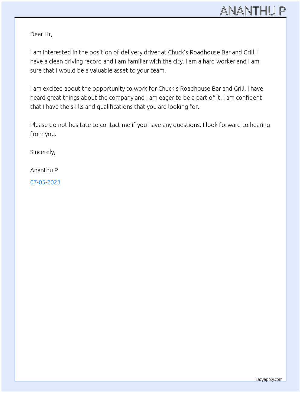Delivery driver  At Chuck’s Roadhouse Bar and Grill based Cover Letter
