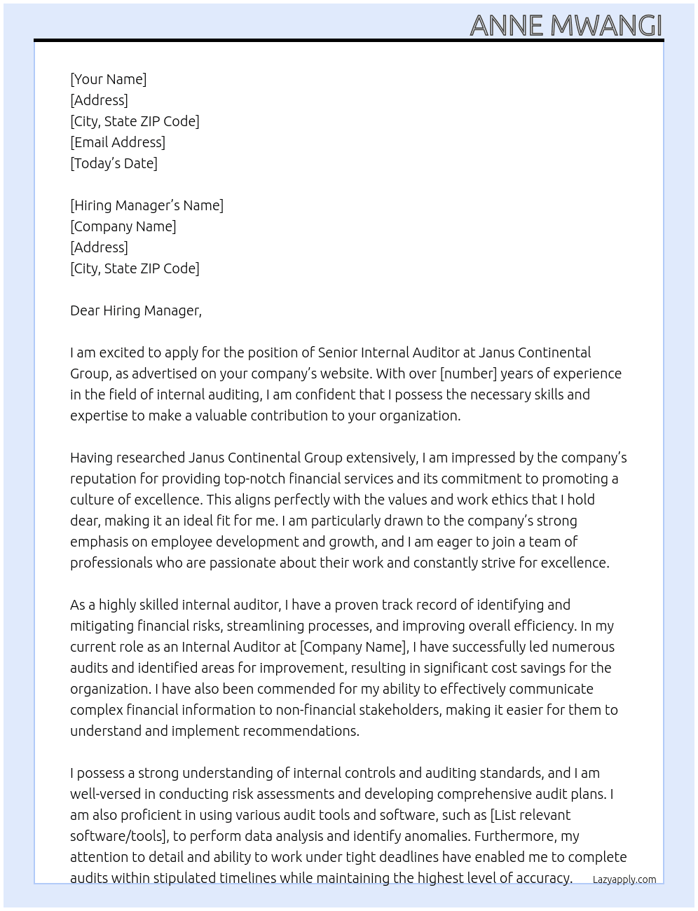 Senior Internal Auditor At Janus continental Group Cover Letter