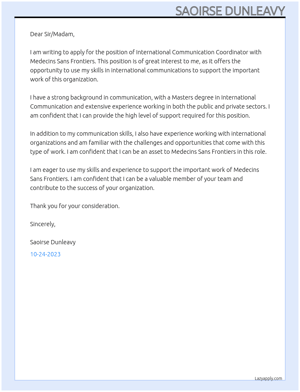 International Communication Coordinator  At Medecins Sans Frontiers Cover Letter