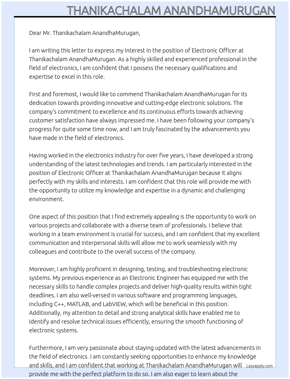 Electronic Officer At Thanikachalam AnandhaMurugan Cover Letter