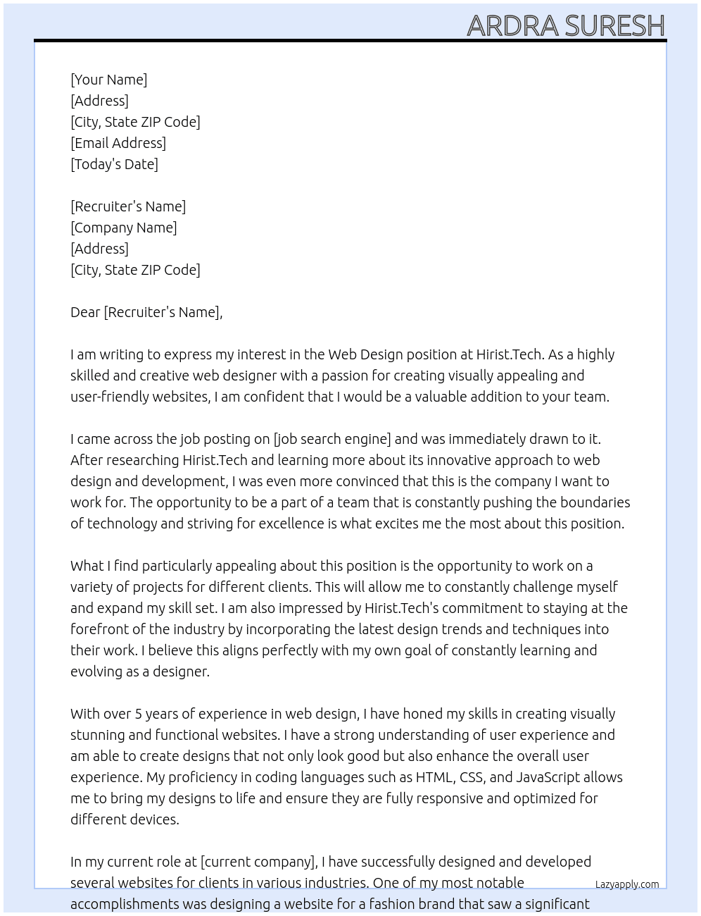 Web design  At Hirist. Tech Cover Letter