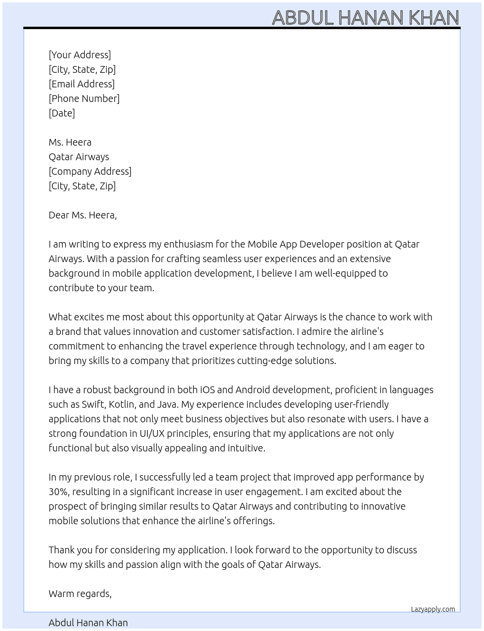 Mobile App Developer At Qatar Airways Cover Letter