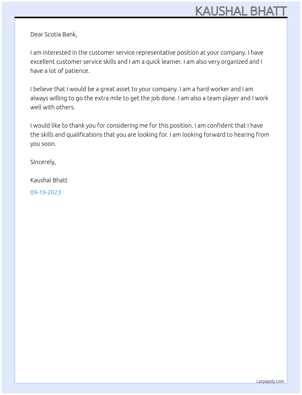 Customer service representative  At Scotia Bank Cover Letter
