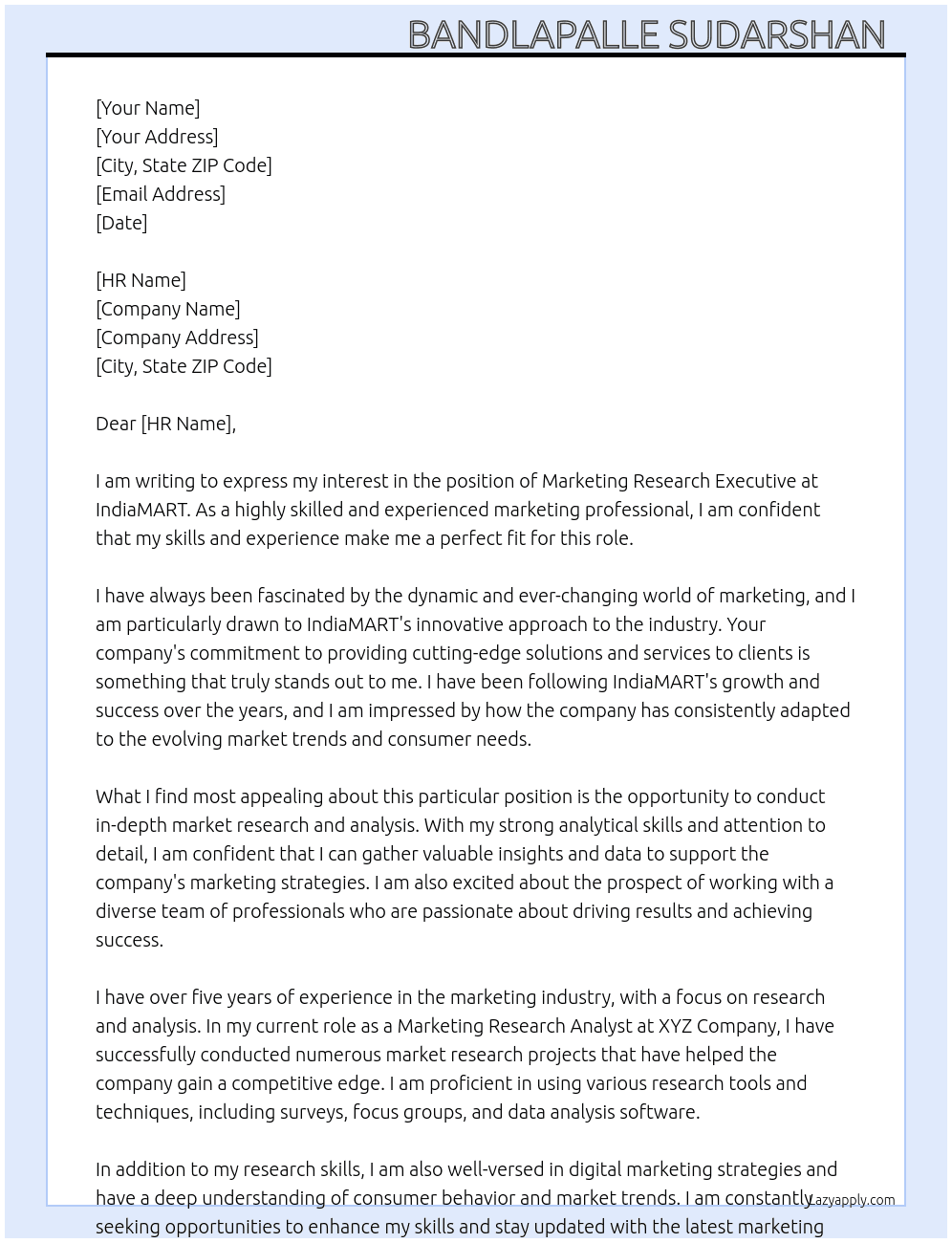 Marketing research executive  At IndiaMART  Cover Letter