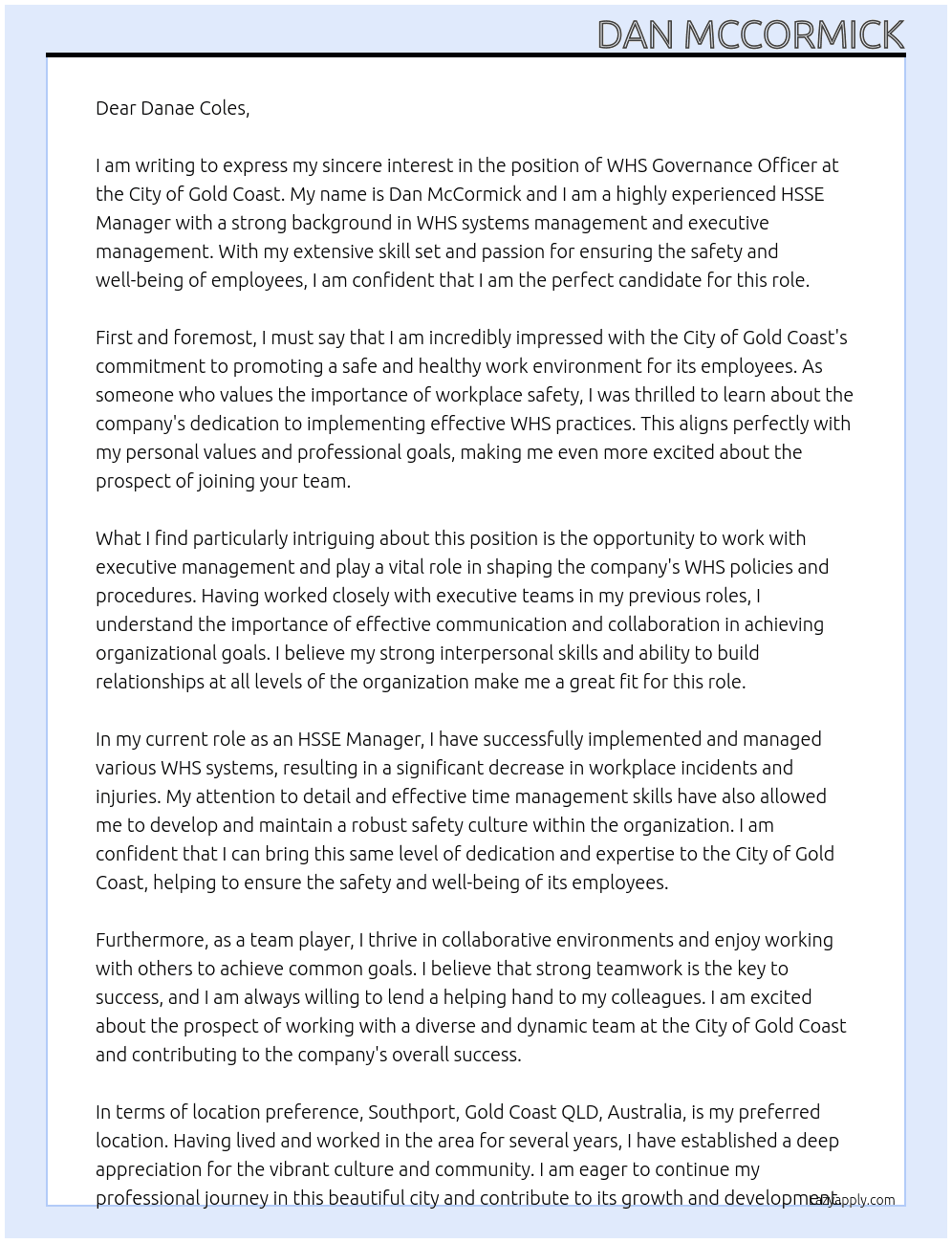 WHS Governance Officer At City of Gold Coast Cover Letter