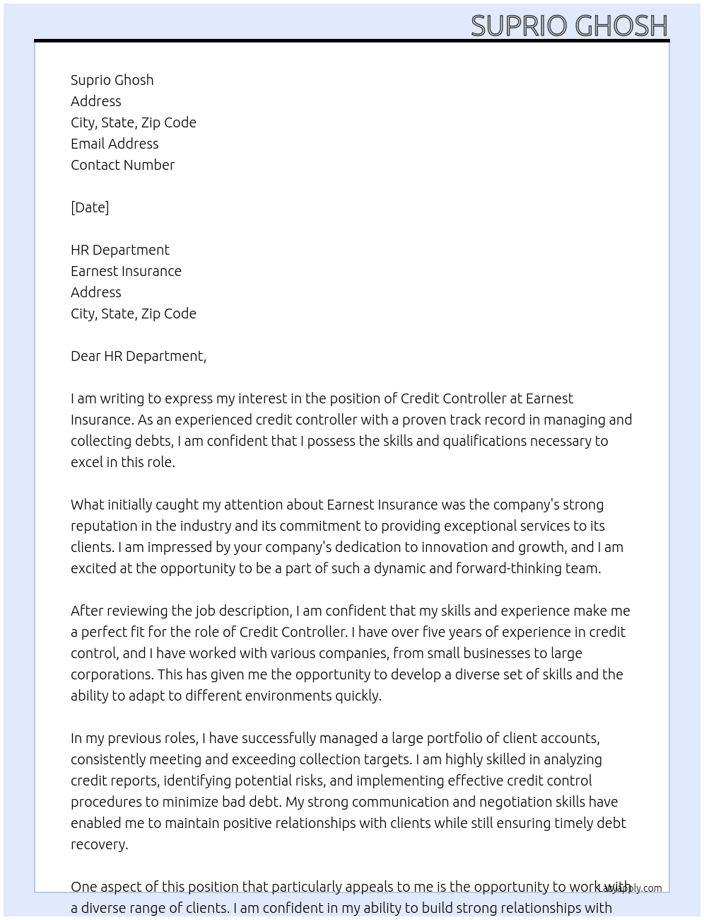 Credit controller At Earnest insurance  Cover Letter