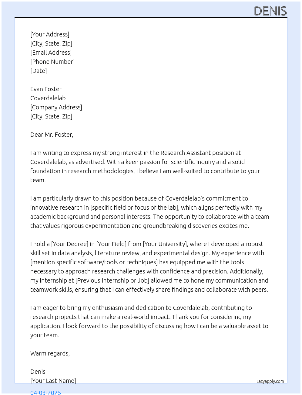 Research Assistant At Coverdalelab Cover Letter