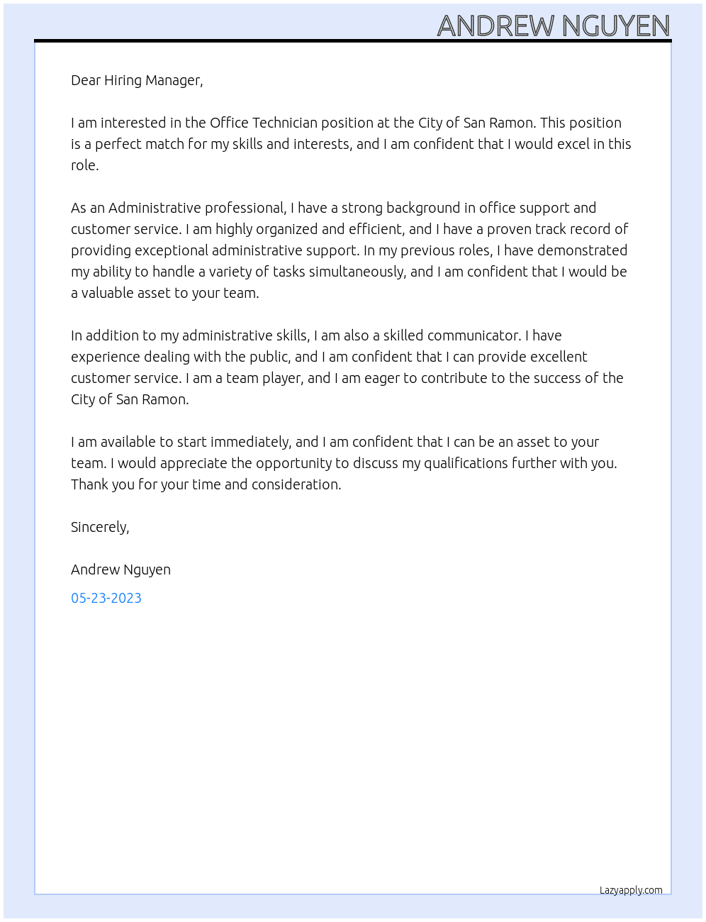 Office Technician At City of San Ramon Cover Letter