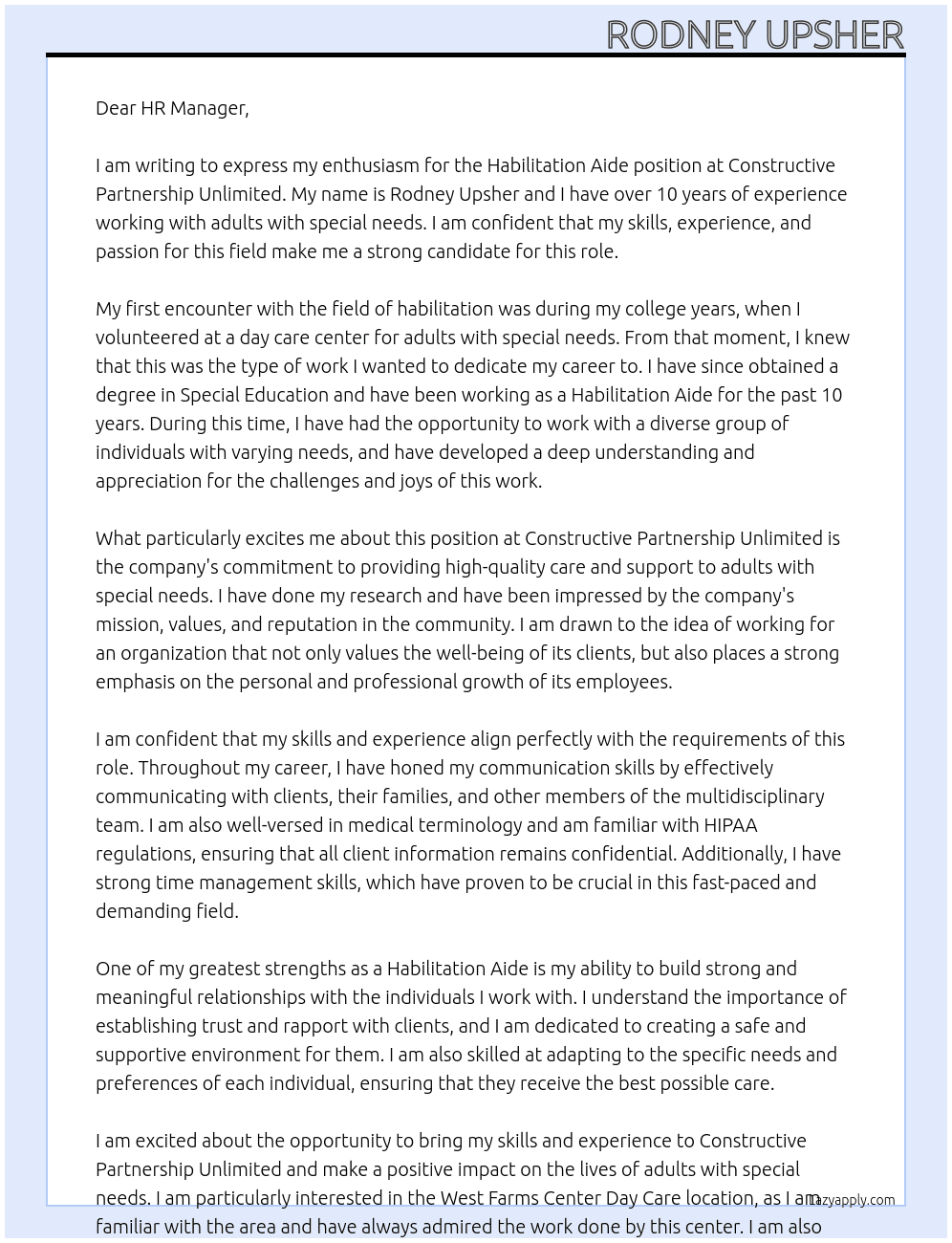 Habilitation Aide At Constructive Partnership Unlimited Cover Letter