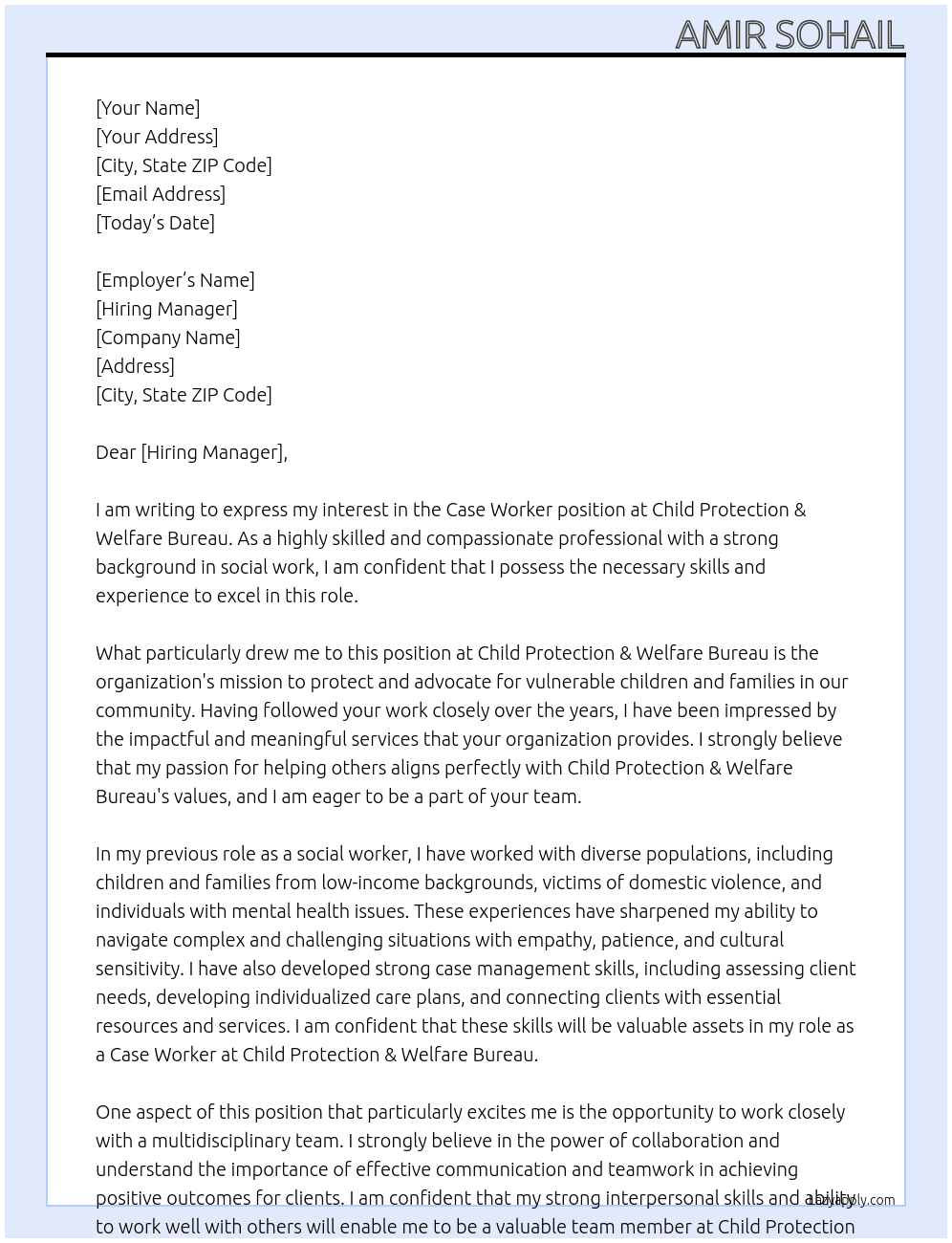 Case Worker At Child Protection & Welfare Bureau Cover Letter