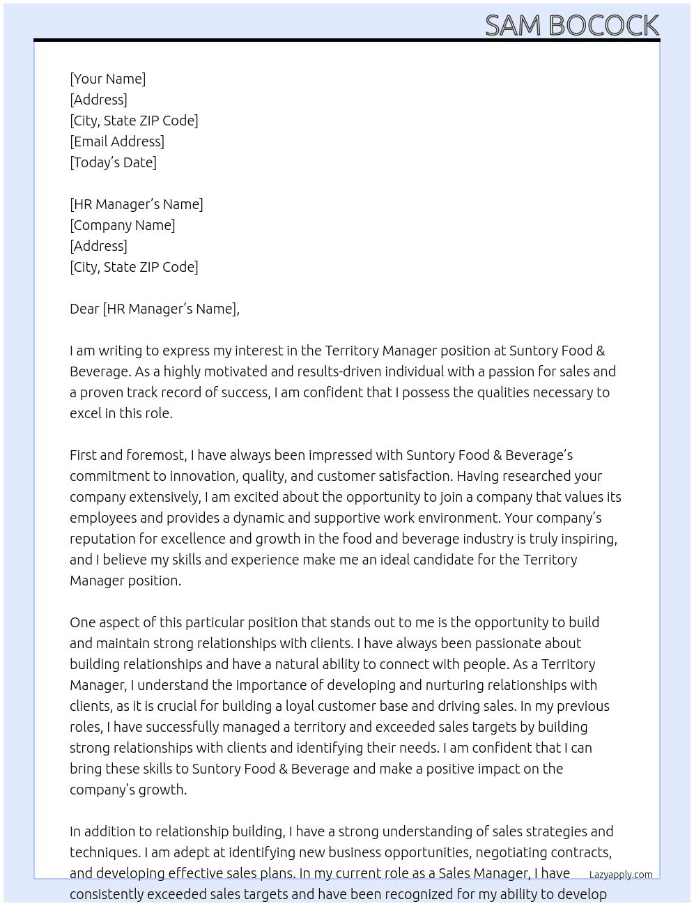 Territory Manager At Suntory Food & Beverage Cover Letter
