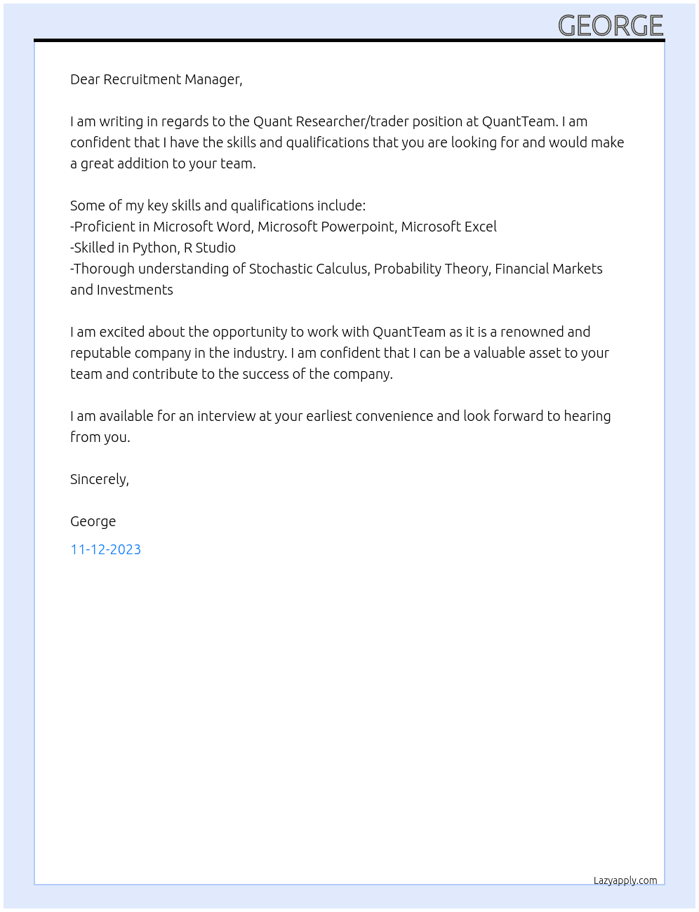 Quant Researcher/trader At QuantTeam Cover Letter
