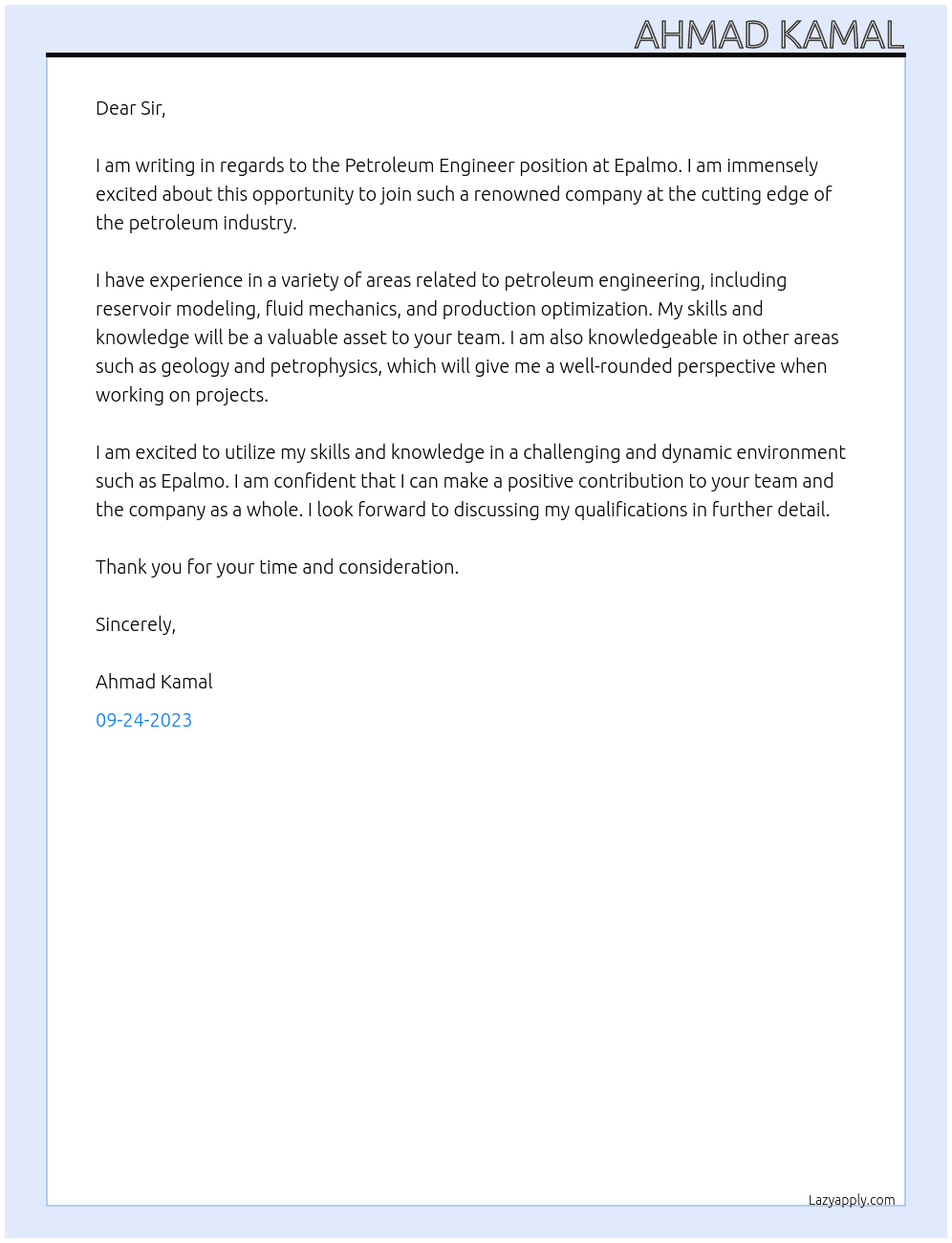 Petroleum Engineer At Epalmo Cover Letter