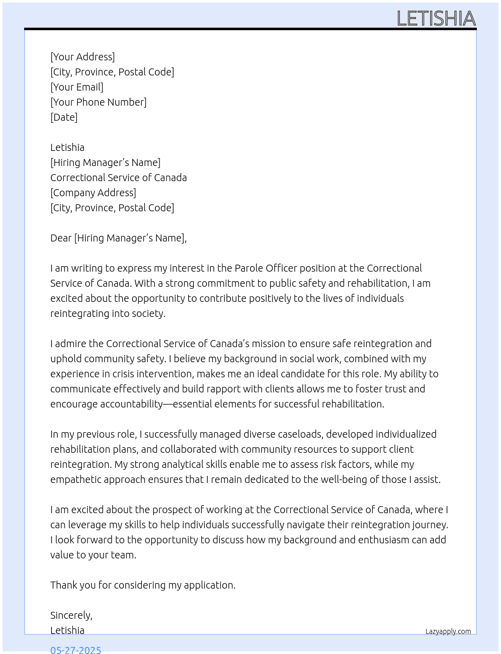 Parole Officer At Corectional Service of CAnada Cover Letter