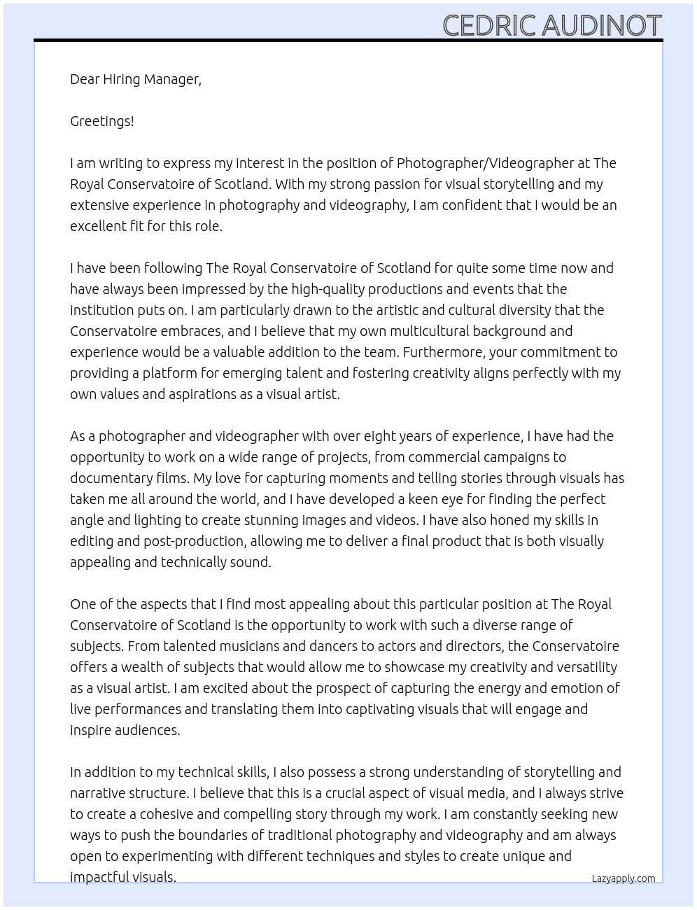 Photographer / Videographer At The Royal Conservatoire of Scotland Cover Letter