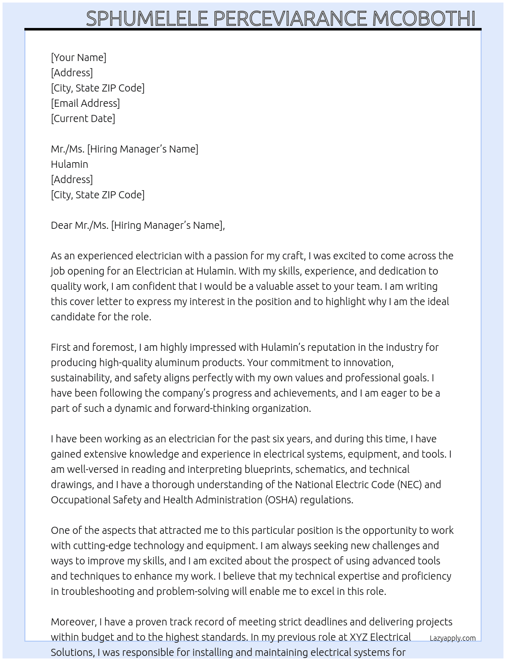 Electrian  At Hulamin Cover Letter