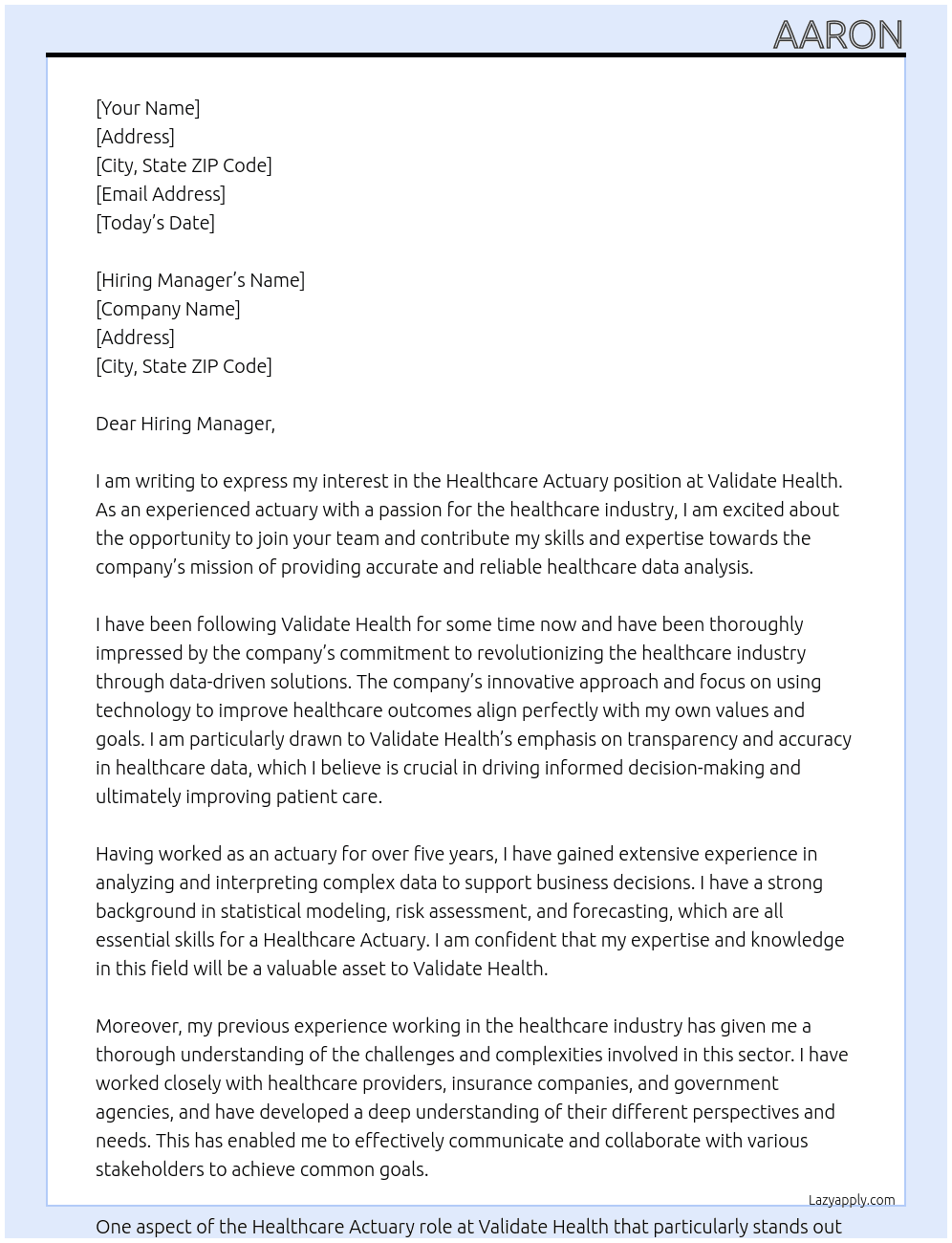 Healthcare Actuary At  Validate Health Cover Letter