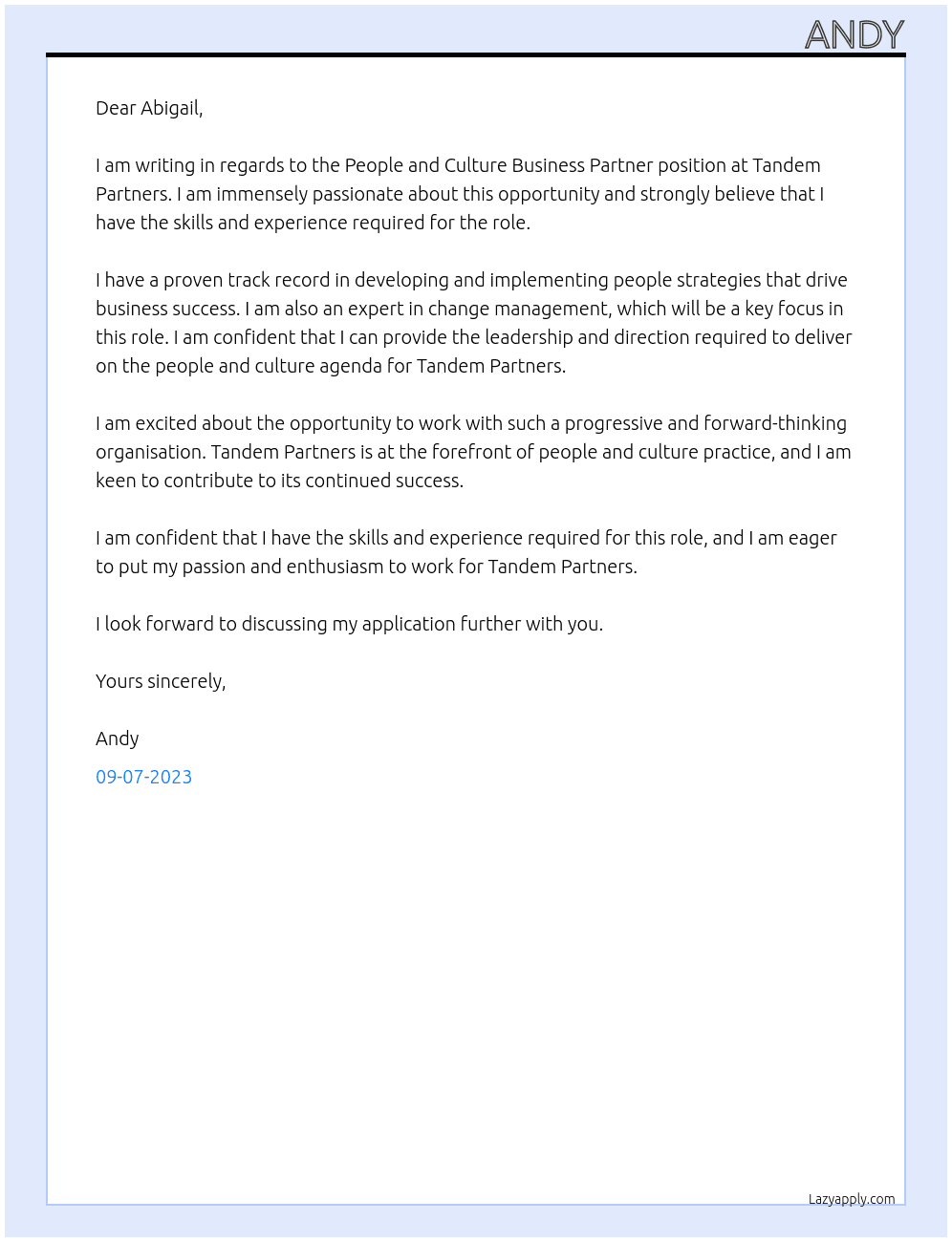 People and Culture Business Partner At Tandem Partners Cover Letter