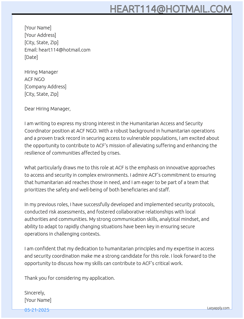 HUMANITARIAN ACCESS AND SECURITY COORDINATOR At ACF NGO Cover Letter