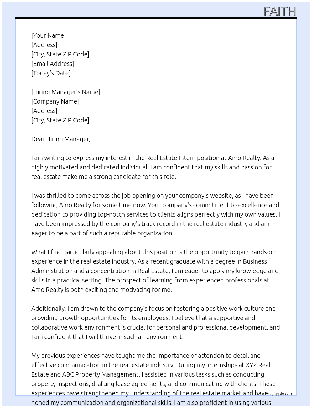 Real Estate Intern At Amo Realty Cover Letter