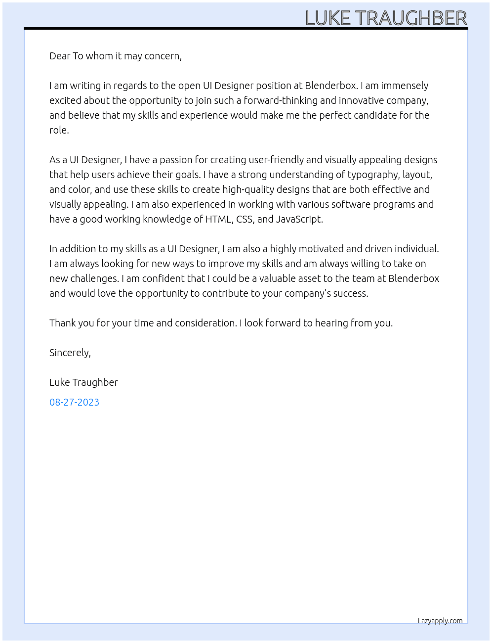 UI Designer At Blenderbox Cover Letter