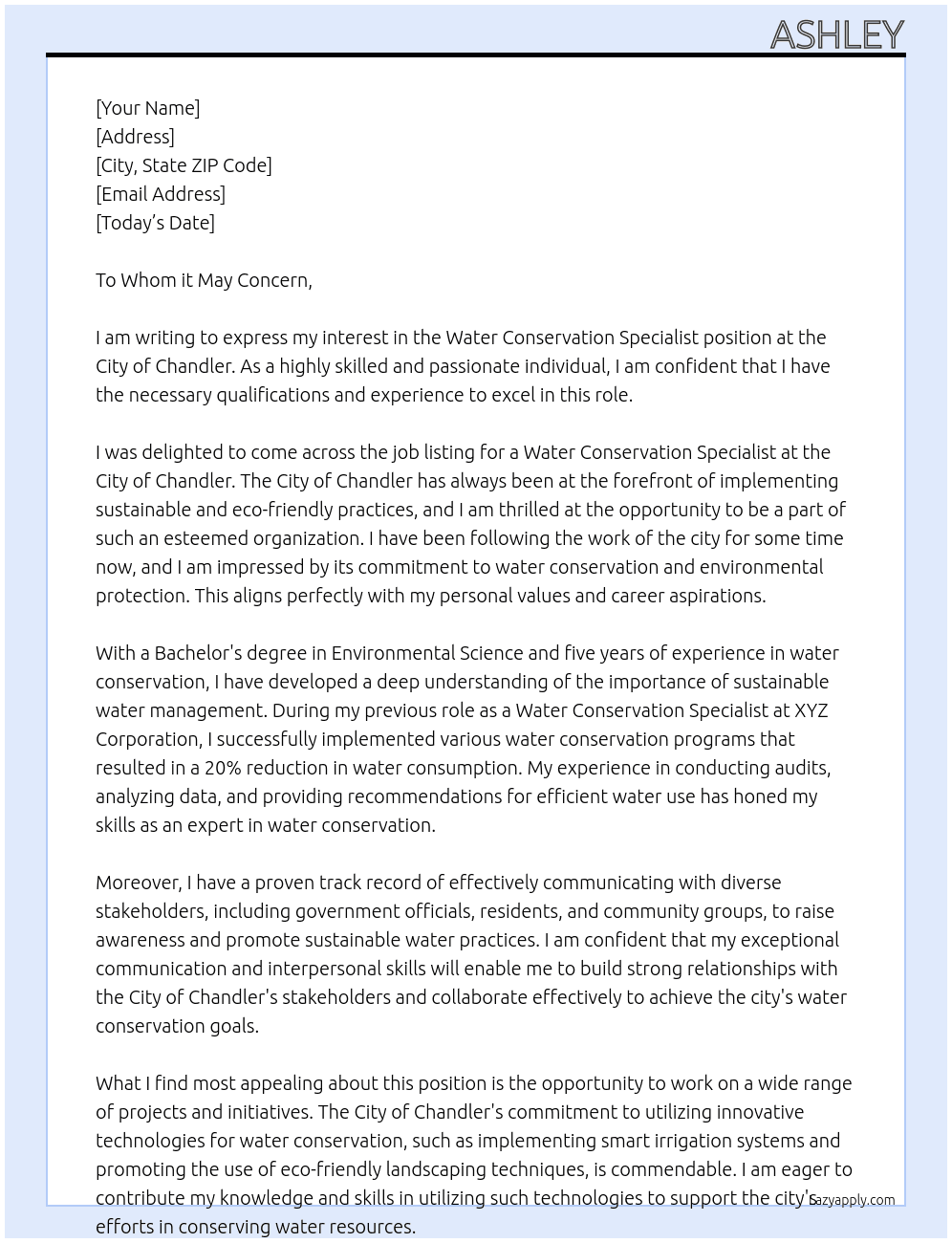 water conservation specialist At City of Chandler Cover Letter