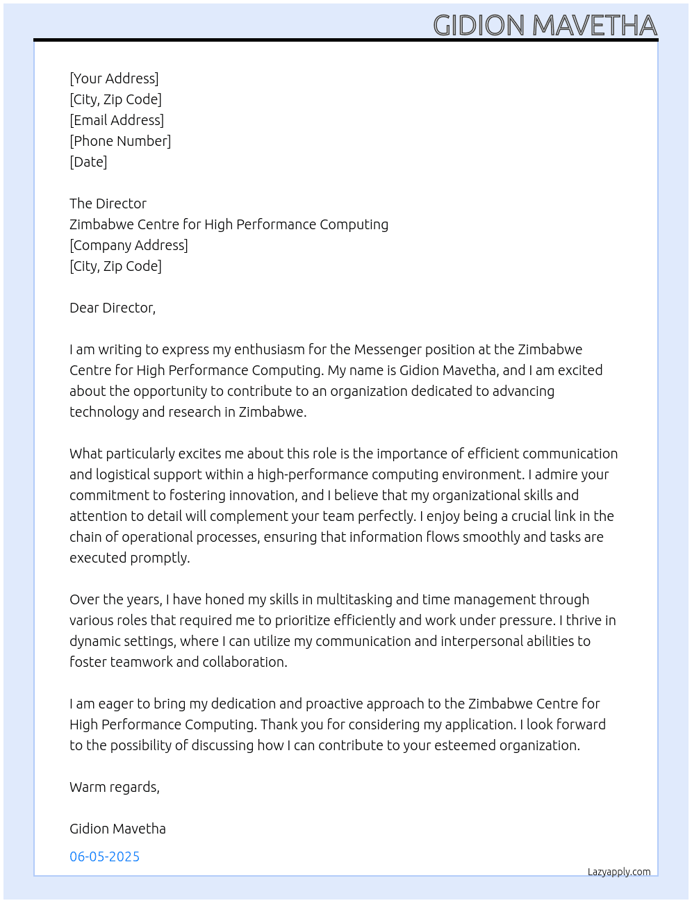 Messenger At Zimbabwe Centre for High Performance Computing Cover Letter