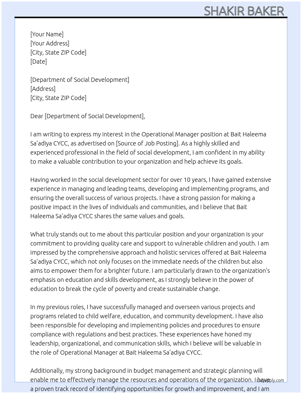 Operational Manager  At Bait Haleema Sa'adiya CYCC  Cover Letter