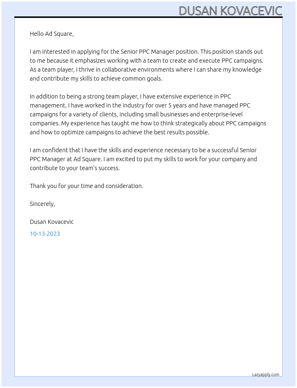 senior ppc manager At Ad Square Cover Letter