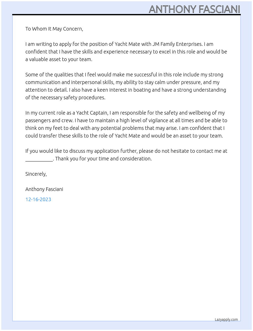 Yatch Mate At JM Family Enterprises Cover Letter