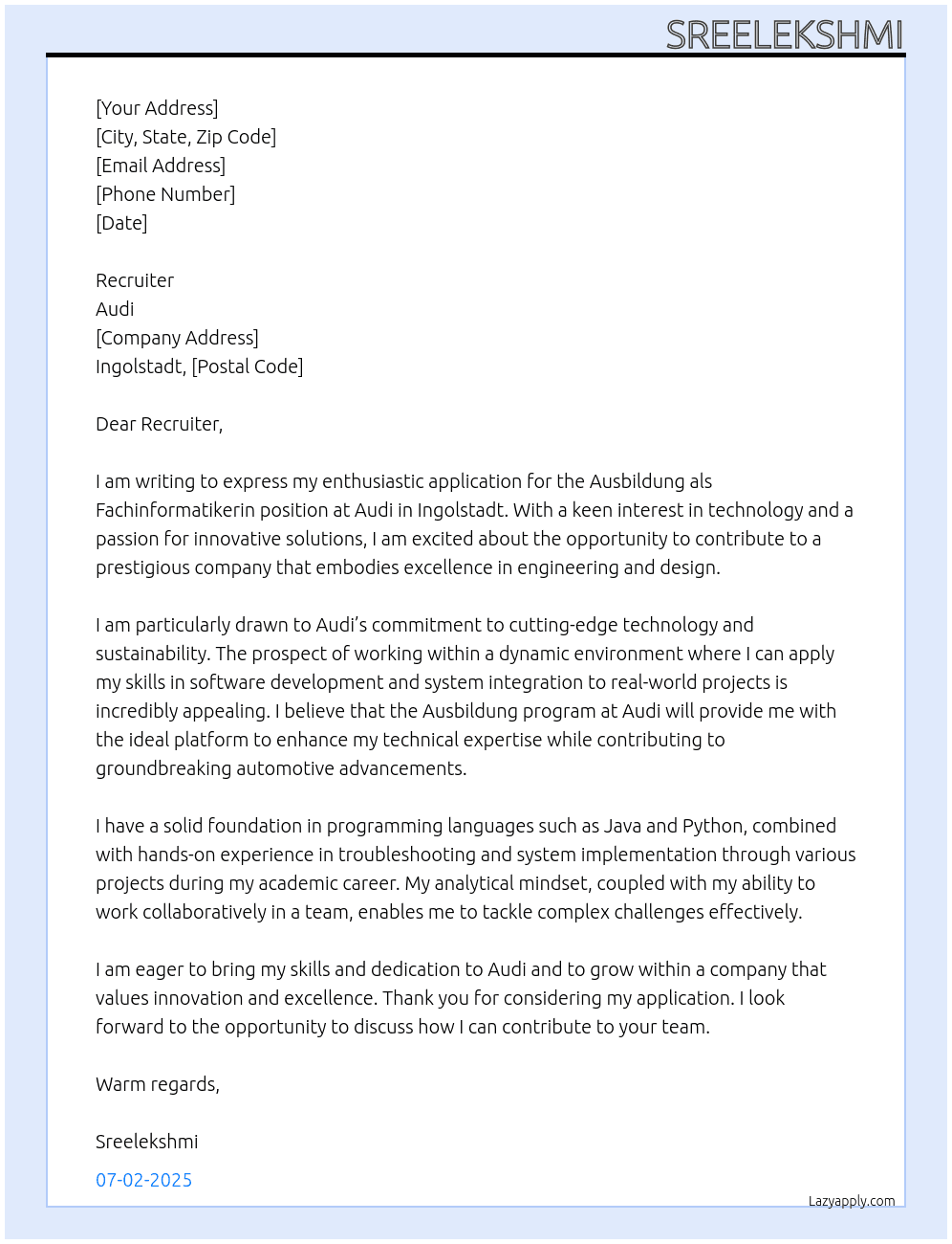 Ausbildung als Fachinfomatikerin At Audi Cover Letter