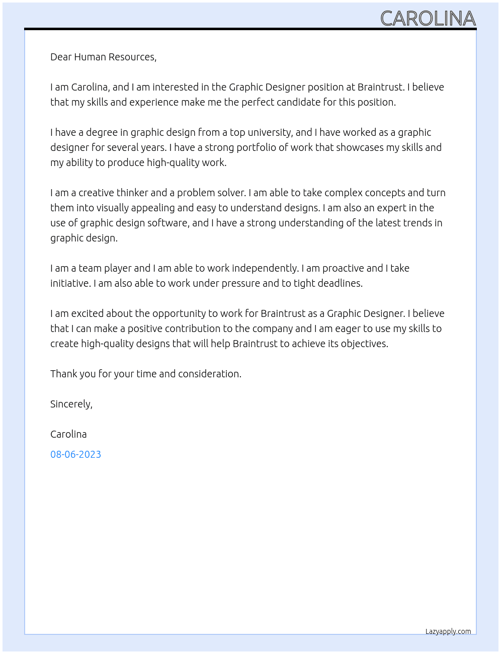 Graphic Designer At Braintrust Cover Letter
