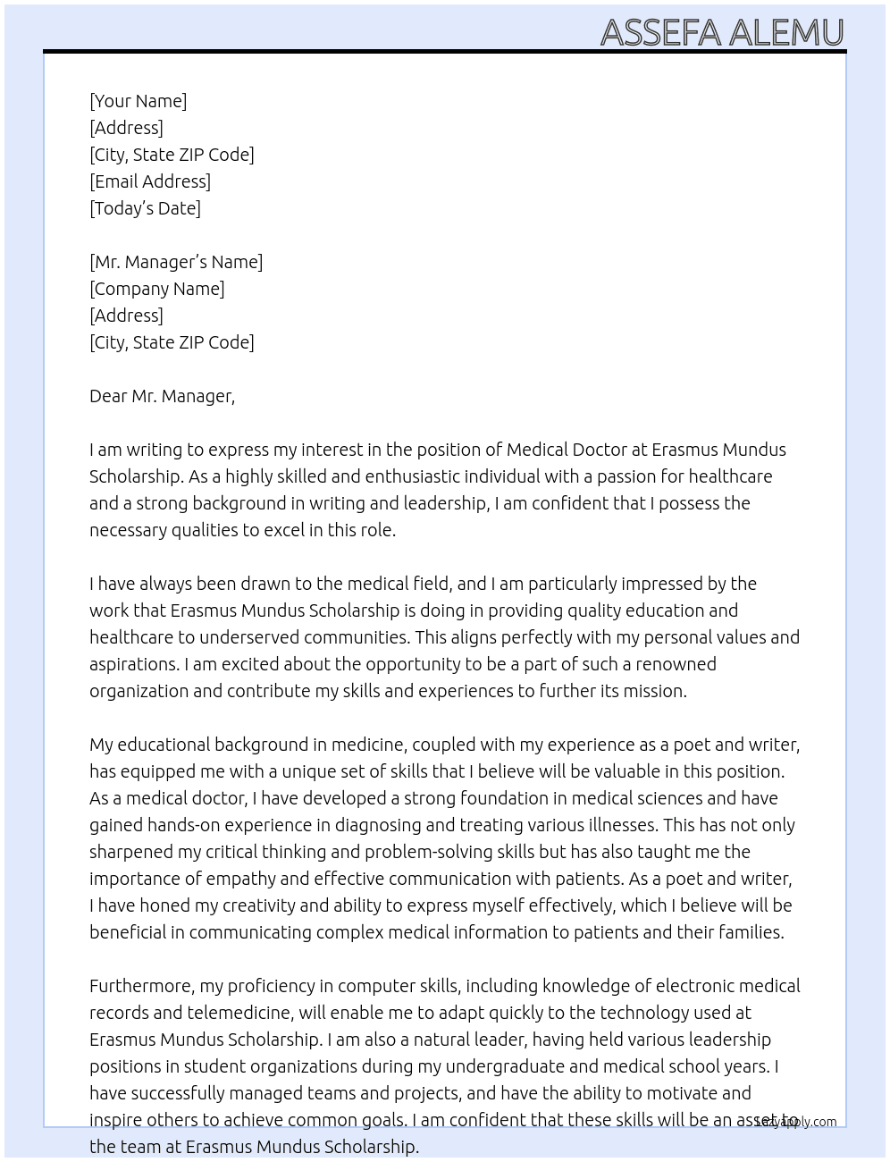 Medical doctor  At Erasmus mundus scholarship Cover Letter