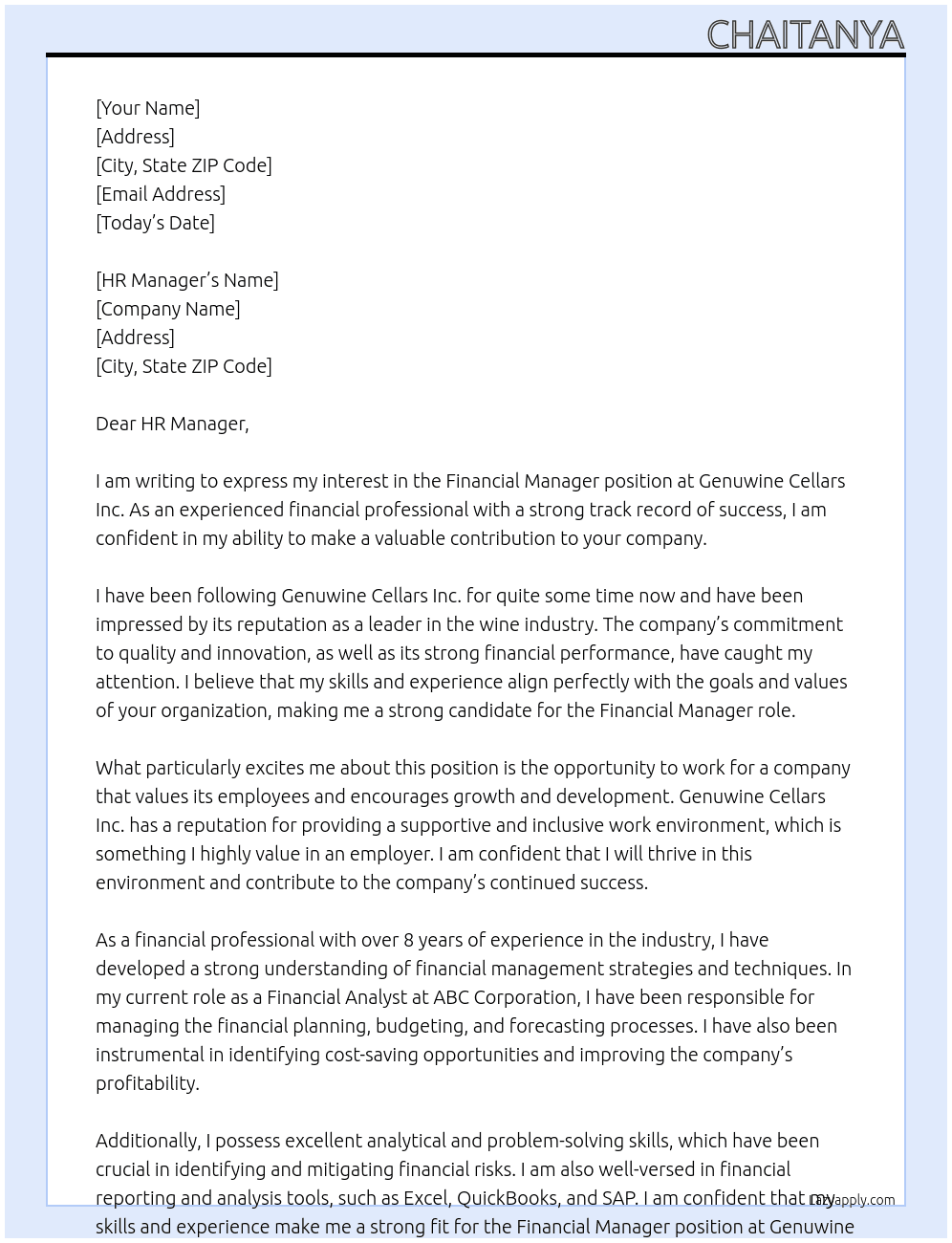 Financial Manager At Genuwine Cellars Inc. Cover Letter