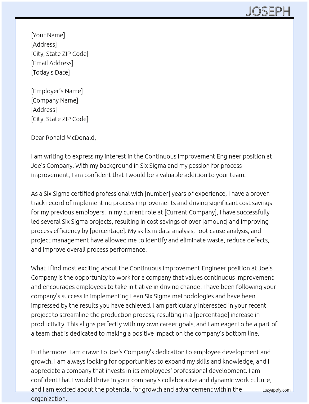 Continuous Improvement Engineer At Joe's Company Cover Letter