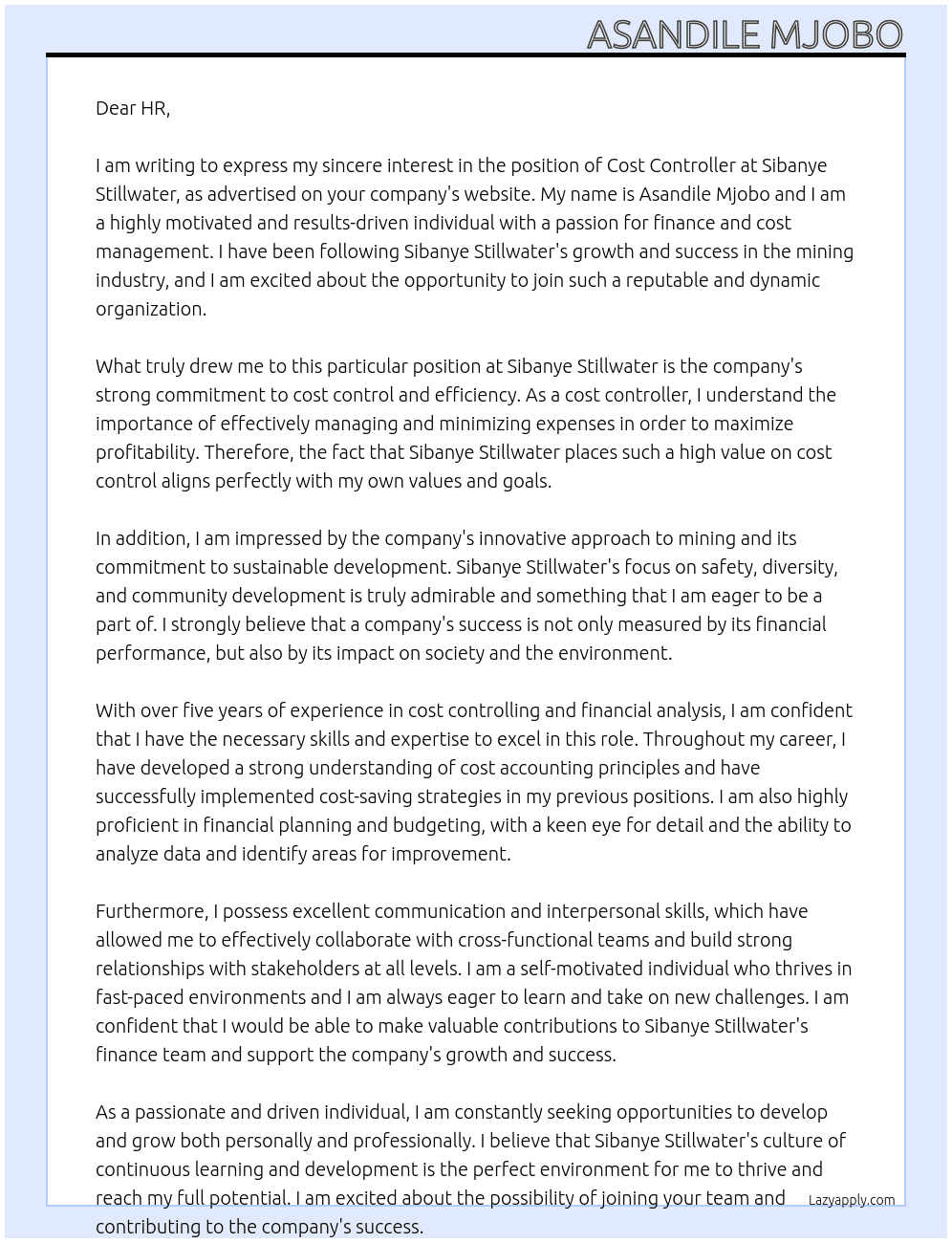 Cost Controller At Sibanye Stillwater Cover Letter