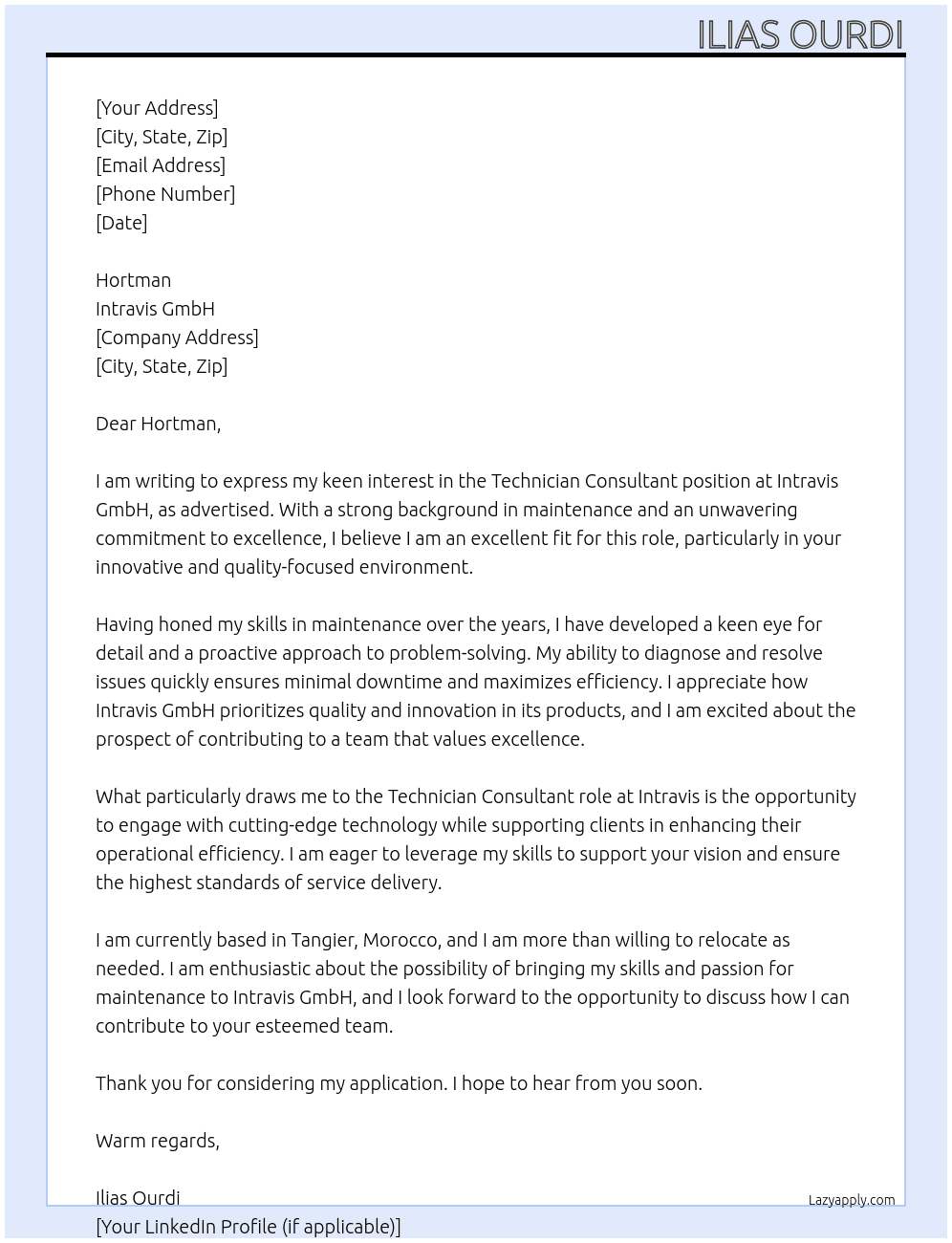 Technican Consultant At Intravis Gmbh Cover Letter