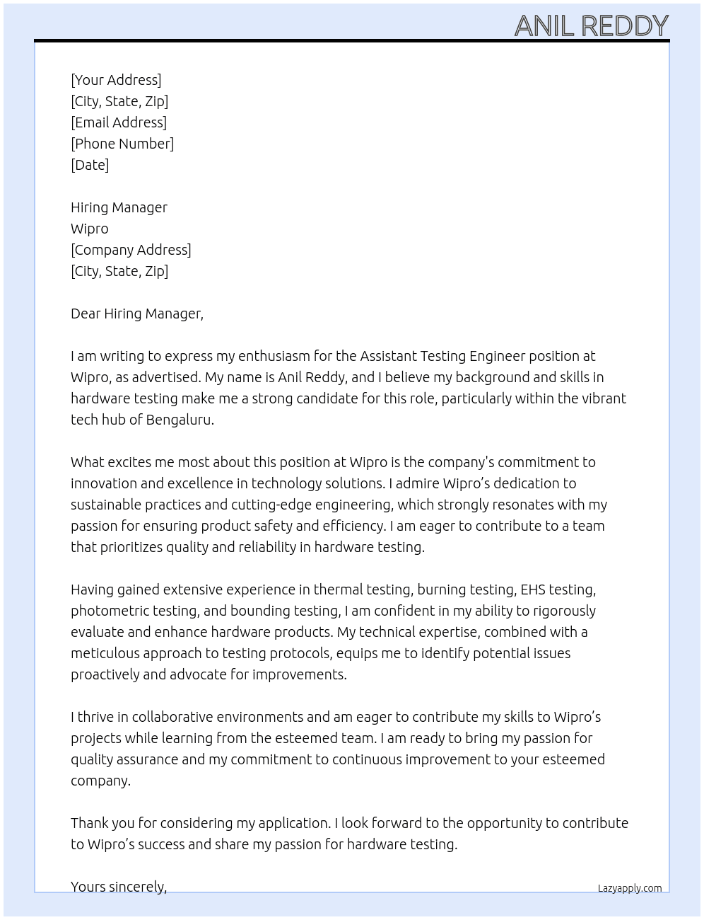 Cover letter for hardware testing engineer - LazyApply