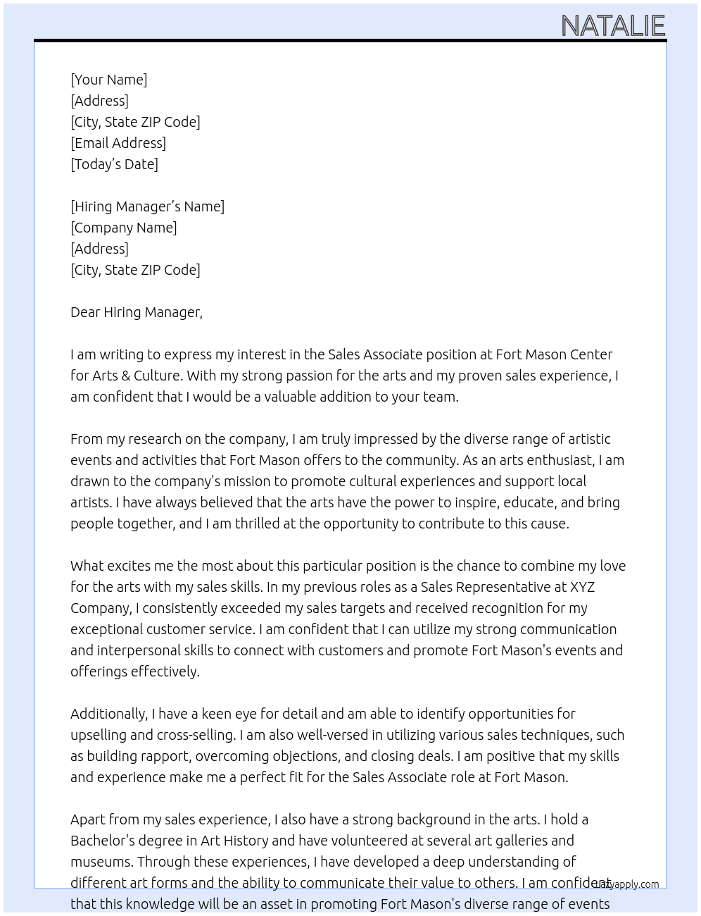 Sales Associate  At Fort Mason Center for Arts & Culture Cover Letter