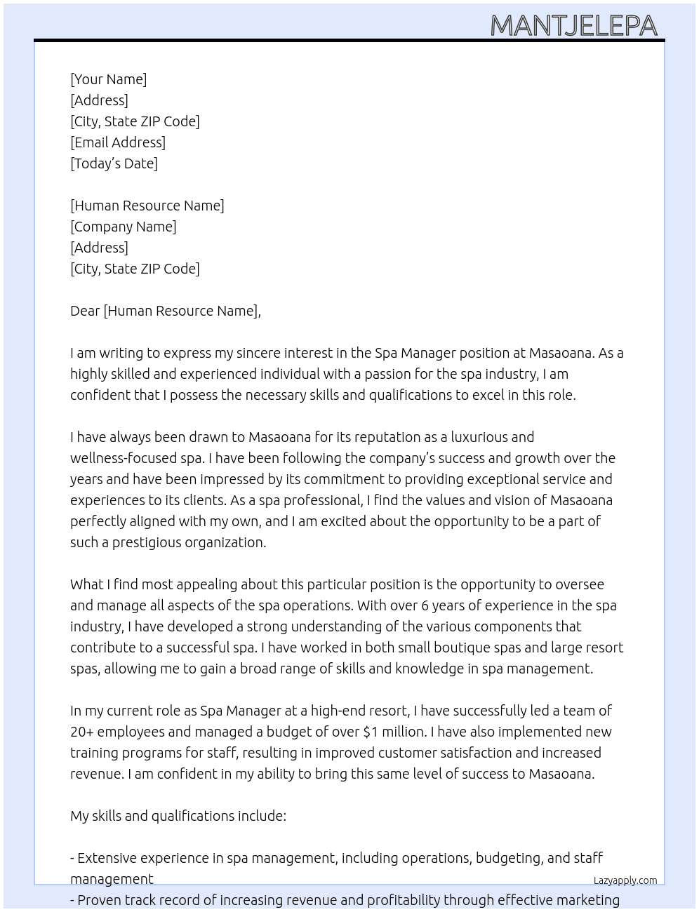 Spa Manager  At Masaoana  Cover Letter