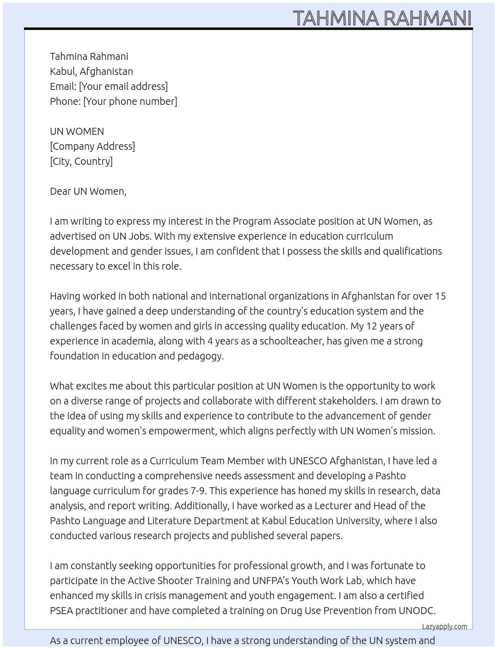PROGRAM ASSOCIATE  At UN WOMEN Cover Letter
